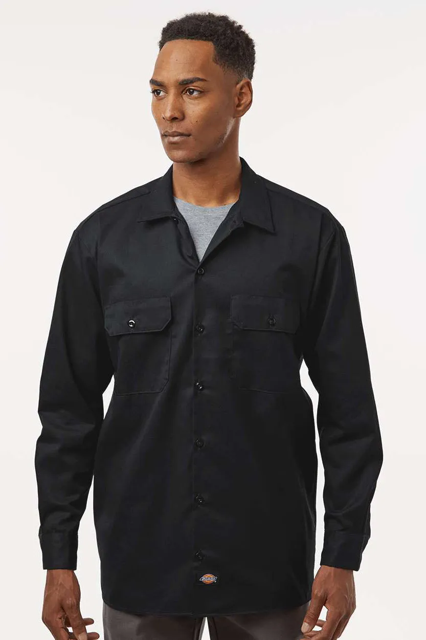 Dickies Mens Moisture Wicking Long Sleeve Button Down Shirt w/ Double Pockets - Black