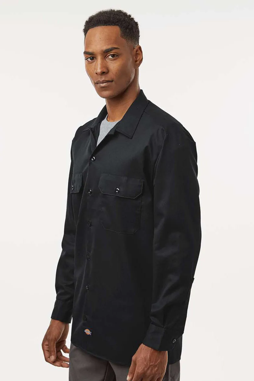 Dickies Mens Moisture Wicking Long Sleeve Button Down Shirt w/ Double Pockets - Black