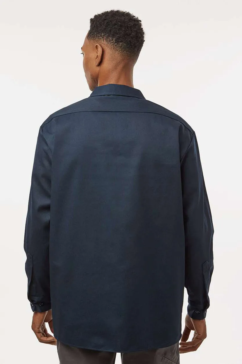 Dickies Mens Moisture Wicking Long Sleeve Button Down Shirt w/ Double Pockets - Dark Navy Blue