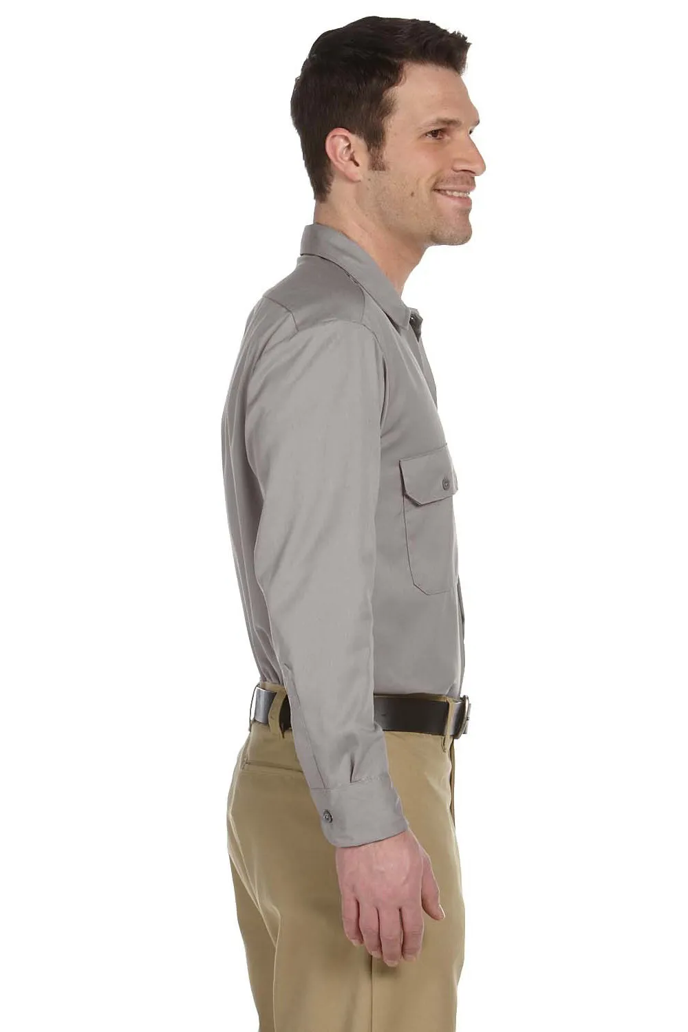 Dickies Mens Moisture Wicking Long Sleeve Button Down Shirt w/ Double Pockets - Silver Grey