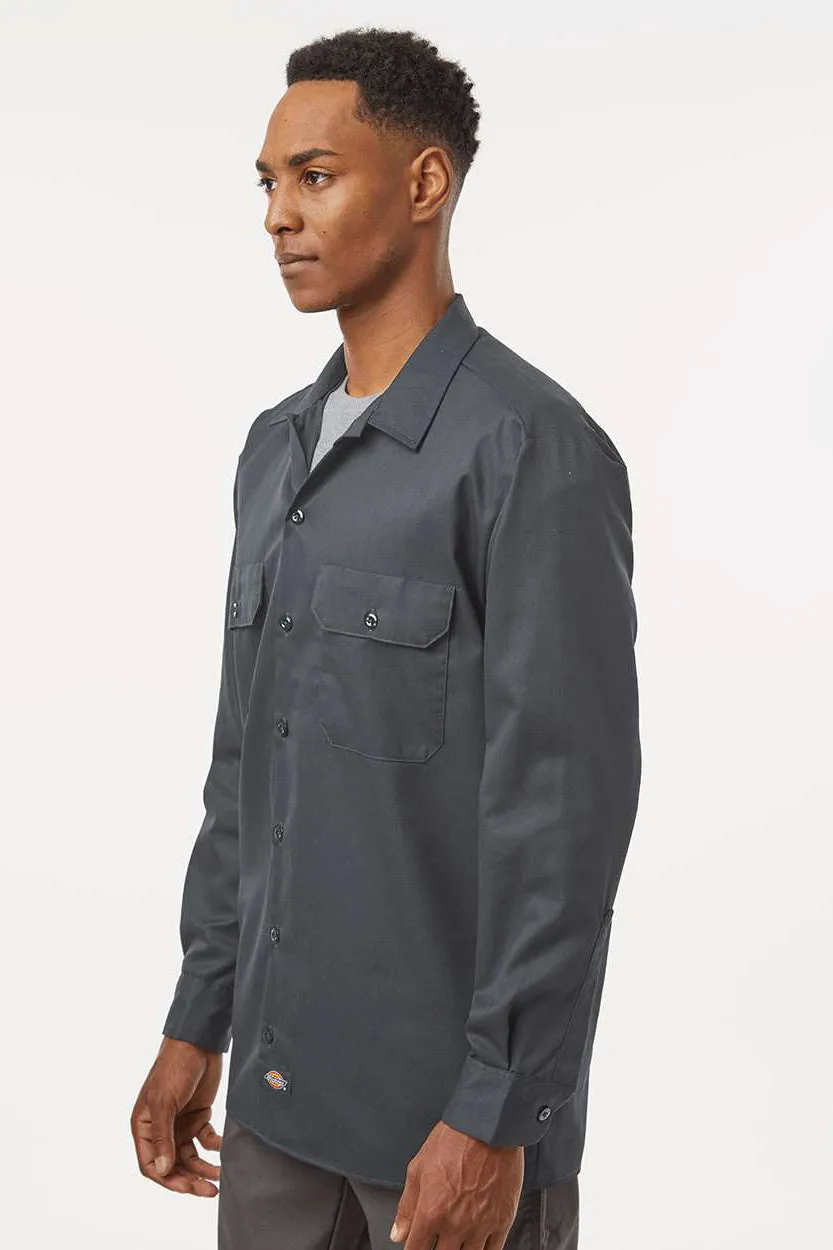 Dickies Mens Moisture Wicking Long Sleeve Button Down Work Shirt w/ Double Pockets - Charcoal Grey