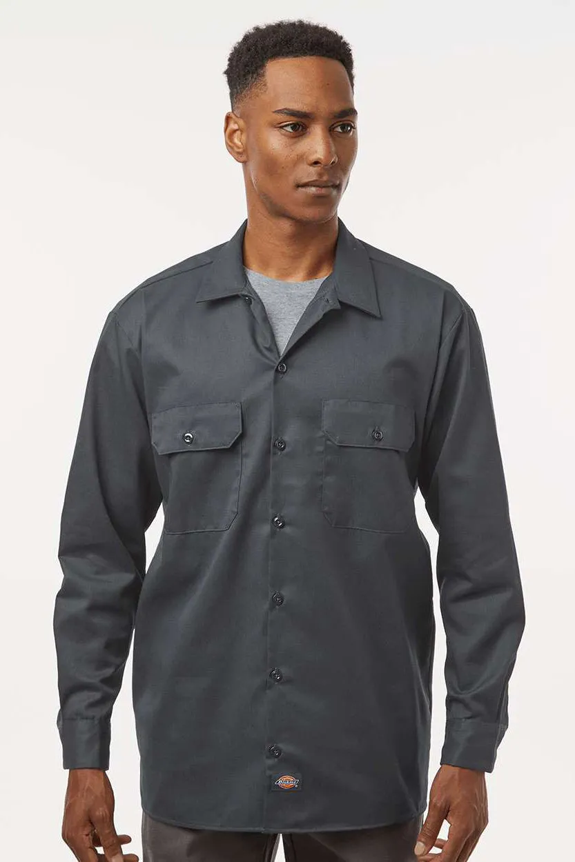Dickies Mens Moisture Wicking Long Sleeve Button Down Work Shirt w/ Double Pockets - Charcoal Grey