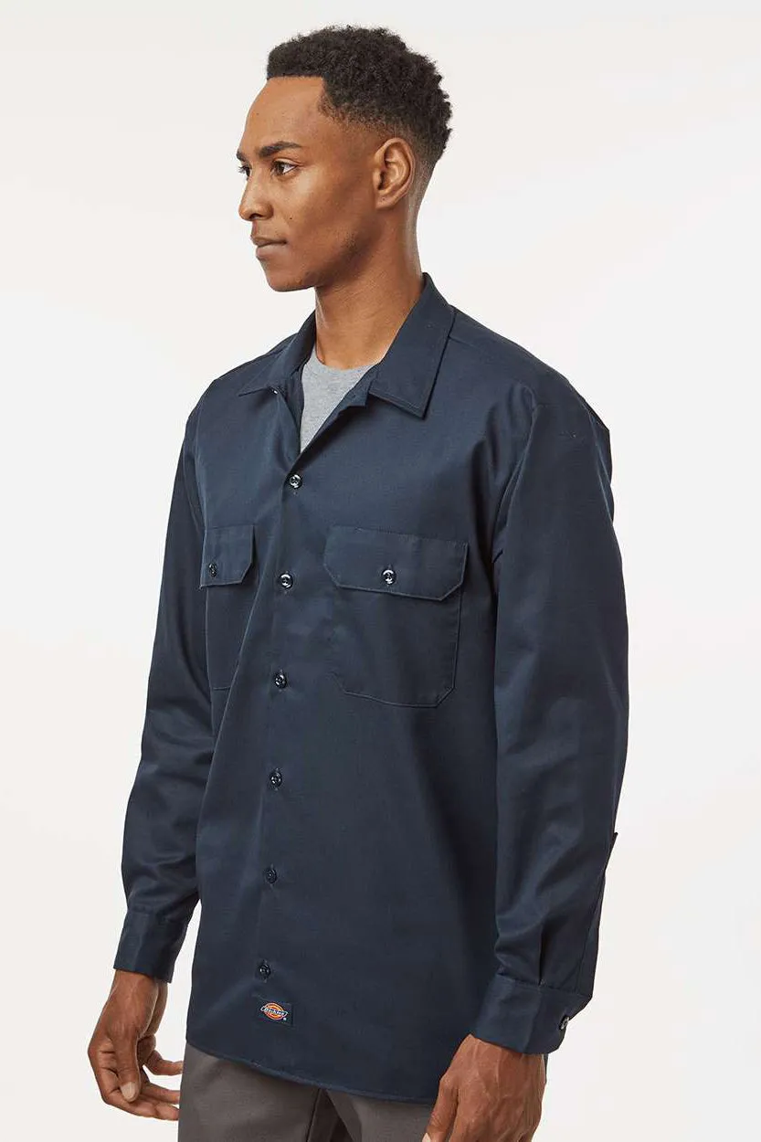 Dickies Mens Moisture Wicking Long Sleeve Button Down Work Shirt w/ Double Pockets - Dark Navy Blue