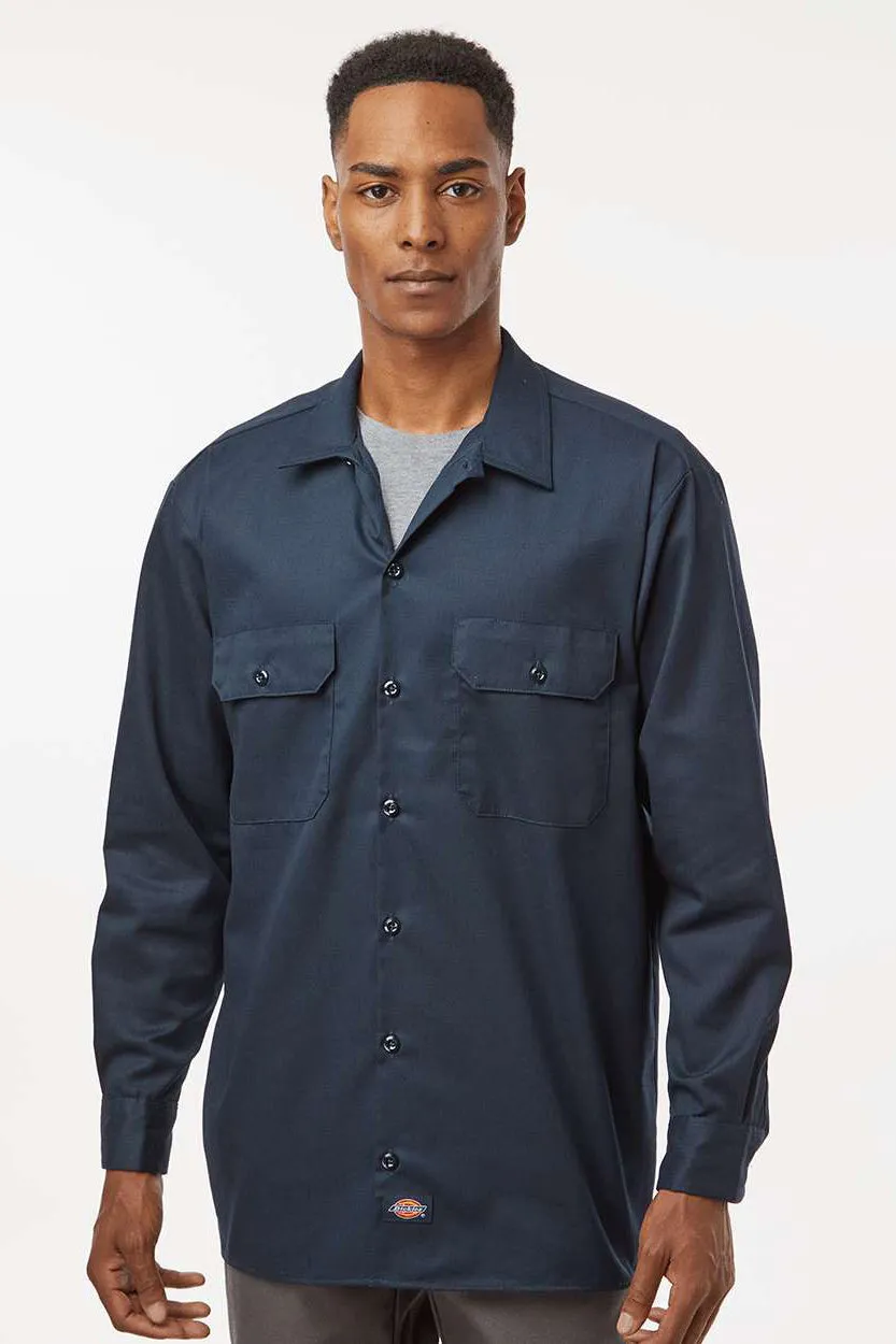 Dickies Mens Moisture Wicking Long Sleeve Button Down Work Shirt w/ Double Pockets - Dark Navy Blue