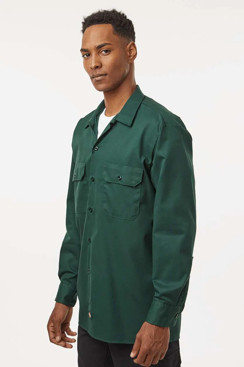 Dickies Mens Moisture Wicking Long Sleeve Button Down Work Shirt w/ Double Pockets - Hunter Green