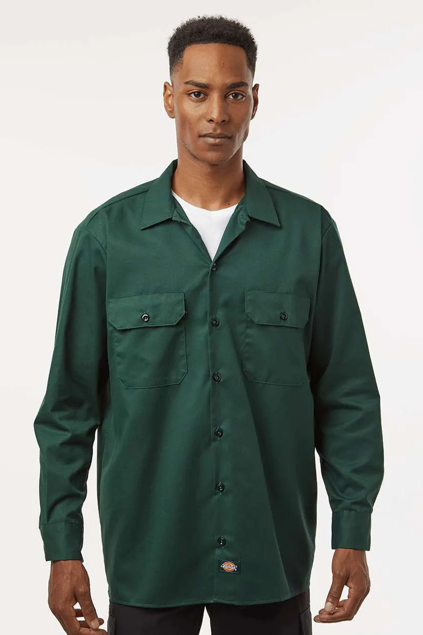 Dickies Mens Moisture Wicking Long Sleeve Button Down Work Shirt w/ Double Pockets - Hunter Green