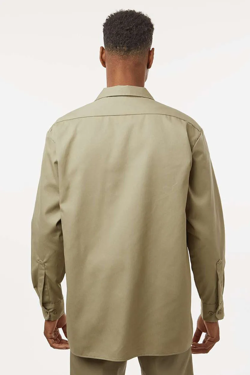 Dickies Mens Moisture Wicking Long Sleeve Button Down Work Shirt w/ Double Pockets - Khaki
