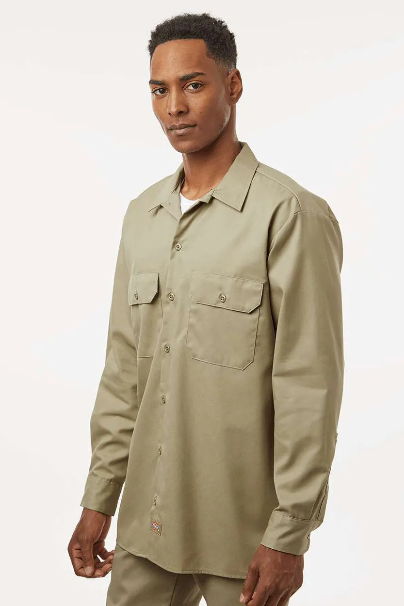 Dickies Mens Moisture Wicking Long Sleeve Button Down Work Shirt w/ Double Pockets - Khaki