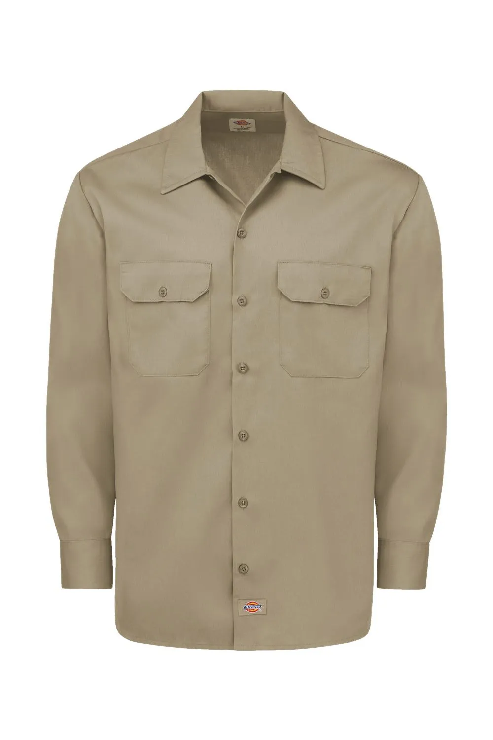 Dickies Mens Moisture Wicking Long Sleeve Button Down Work Shirt w/ Double Pockets - Khaki