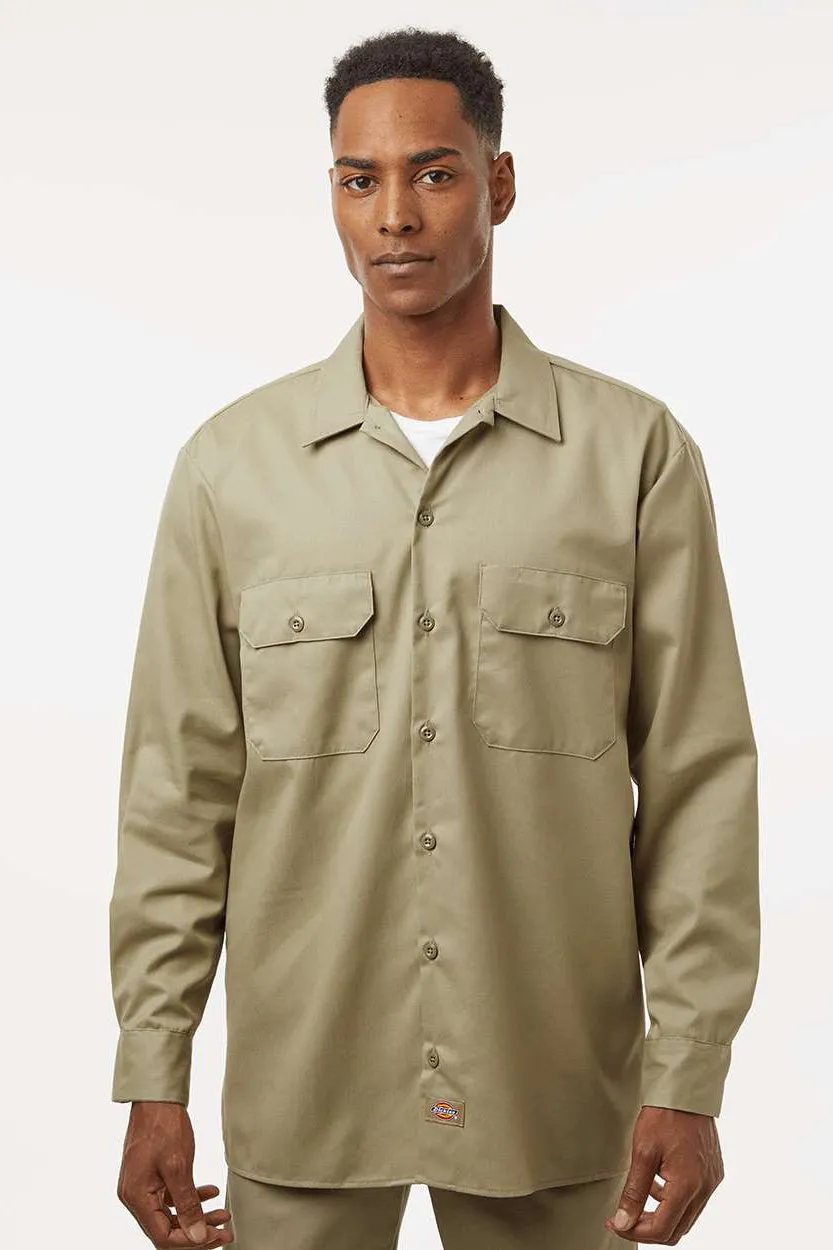 Dickies Mens Moisture Wicking Long Sleeve Button Down Work Shirt w/ Double Pockets - Khaki