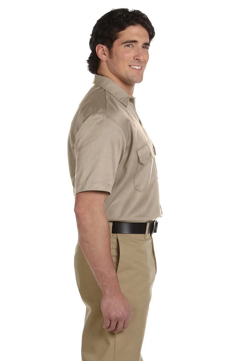 Dickies Mens Moisture Wicking Short Sleeve Button Down Shirt w/ Double Pockets - Khaki Brown