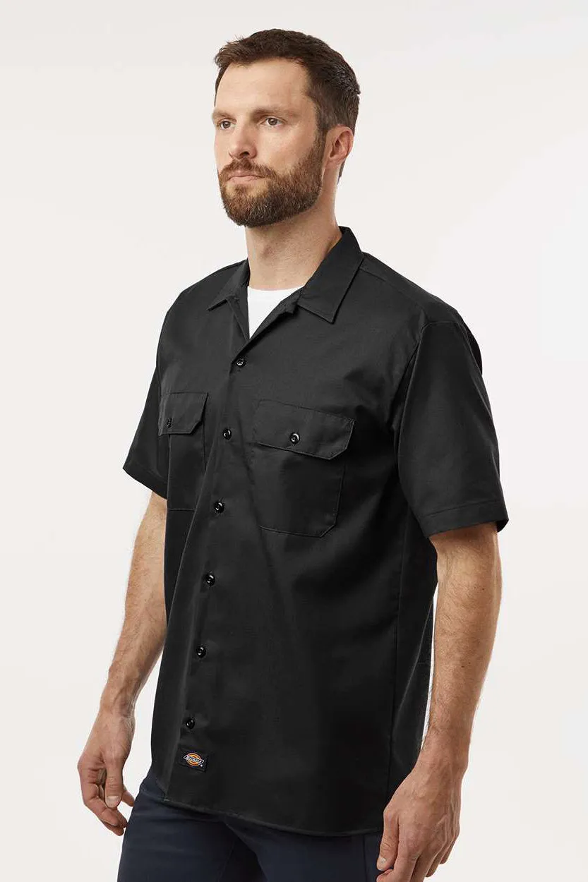 Dickies Mens Moisture Wicking Short Sleeve Button Down Work Shirt w/ Double Pockets - Black