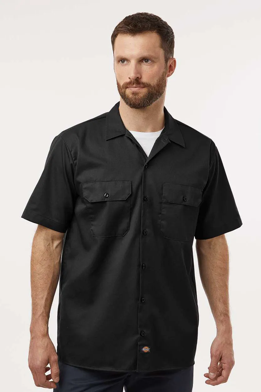 Dickies Mens Moisture Wicking Short Sleeve Button Down Work Shirt w/ Double Pockets - Black