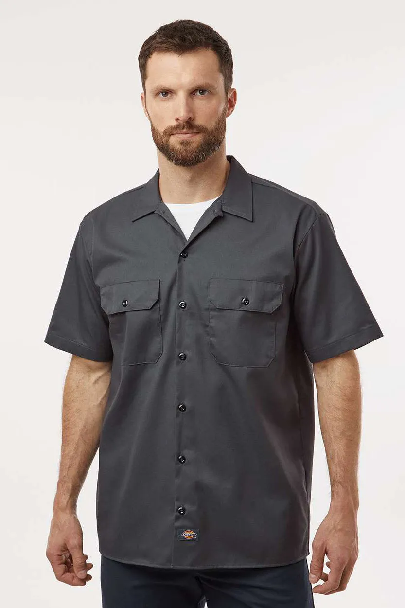 Dickies Mens Moisture Wicking Short Sleeve Button Down Work Shirt w/ Double Pockets - Charcoal Grey