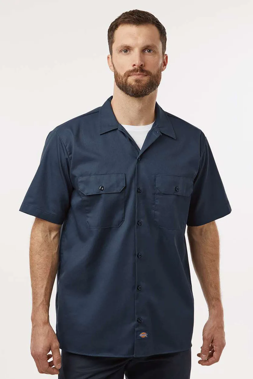 Dickies Mens Moisture Wicking Short Sleeve Button Down Work Shirt w/ Double Pockets - Dark Navy Blue