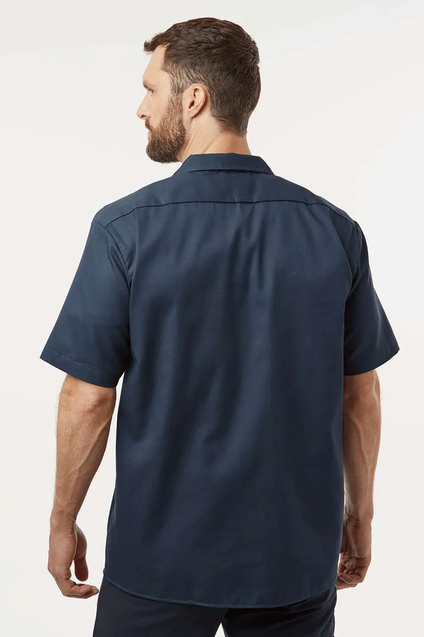 Dickies Mens Moisture Wicking Short Sleeve Button Down Work Shirt w/ Double Pockets - Dark Navy Blue
