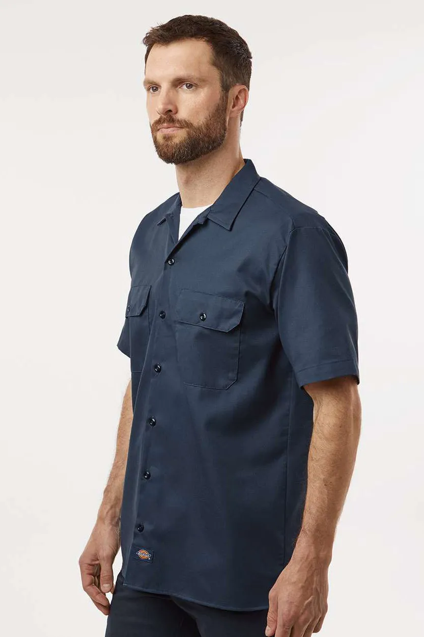 Dickies Mens Moisture Wicking Short Sleeve Button Down Work Shirt w/ Double Pockets - Dark Navy Blue