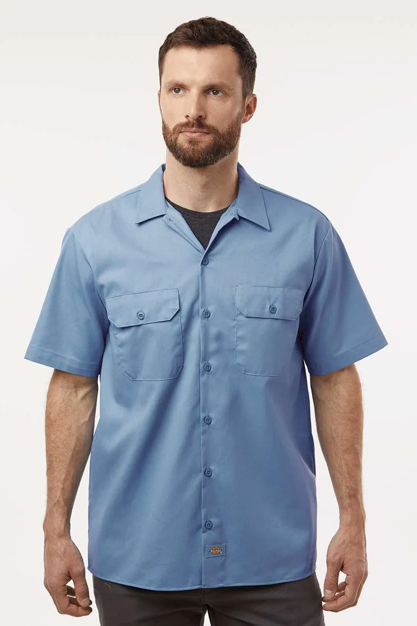 Dickies Mens Moisture Wicking Short Sleeve Button Down Work Shirt w/ Double Pockets - Gulf Blue