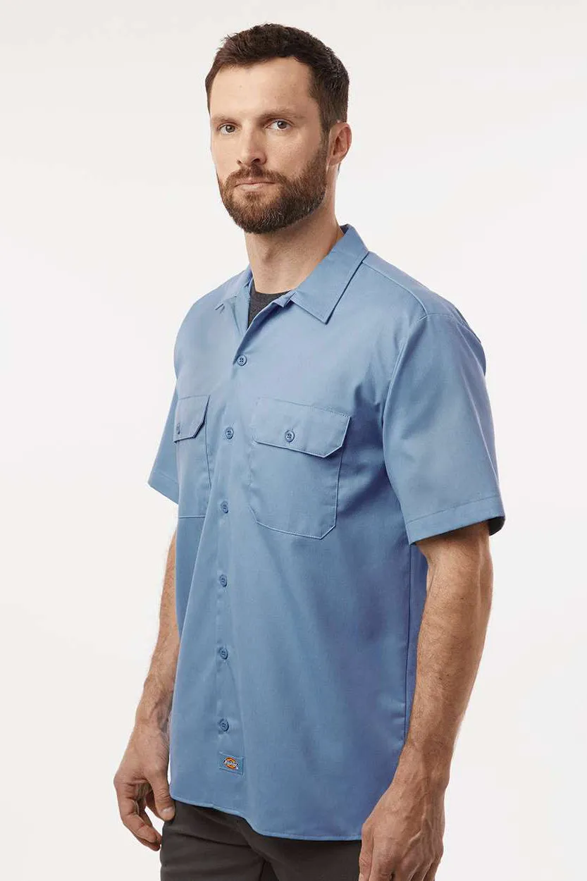 Dickies Mens Moisture Wicking Short Sleeve Button Down Work Shirt w/ Double Pockets - Gulf Blue