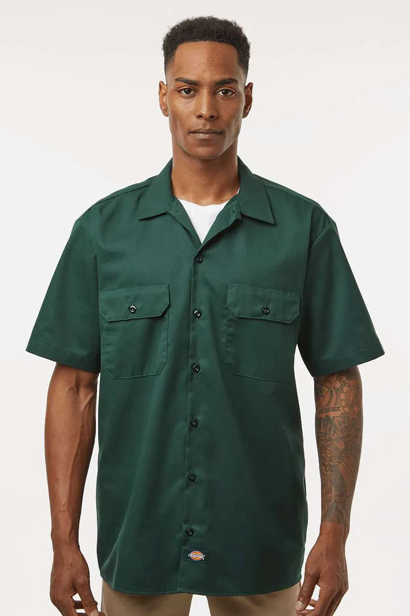 Dickies Mens Moisture Wicking Short Sleeve Button Down Work Shirt w/ Double Pockets - Hunter Green