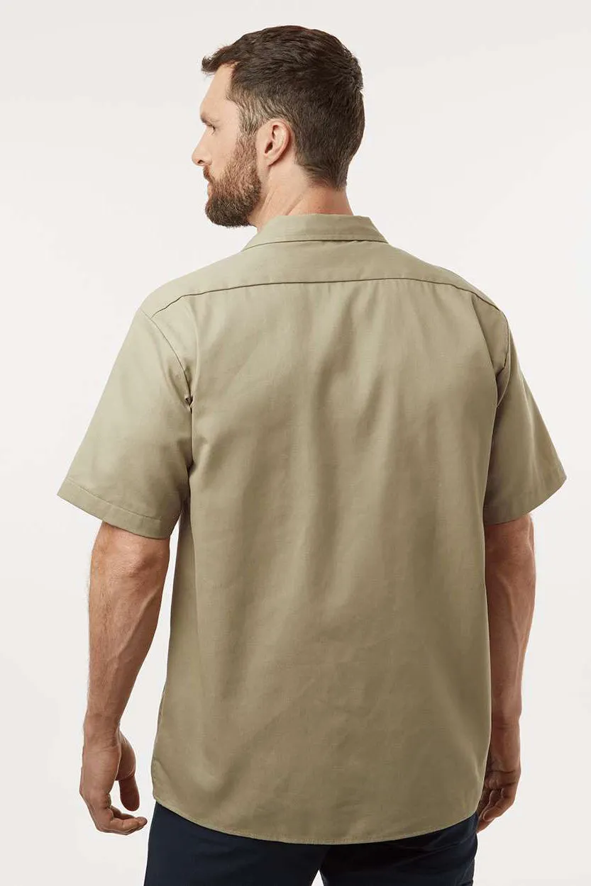 Dickies Mens Moisture Wicking Short Sleeve Button Down Work Shirt w/ Double Pockets - Khaki