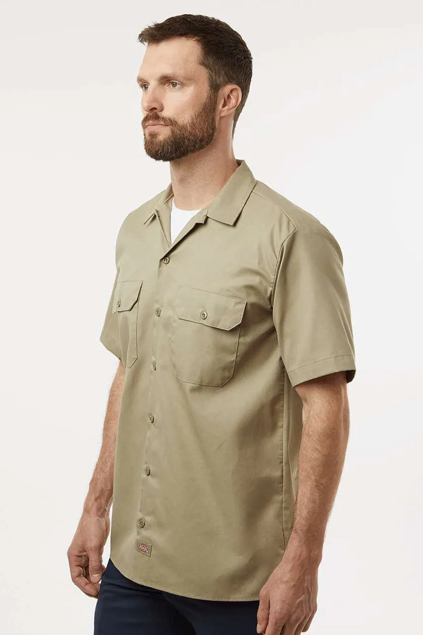 Dickies Mens Moisture Wicking Short Sleeve Button Down Work Shirt w/ Double Pockets - Khaki