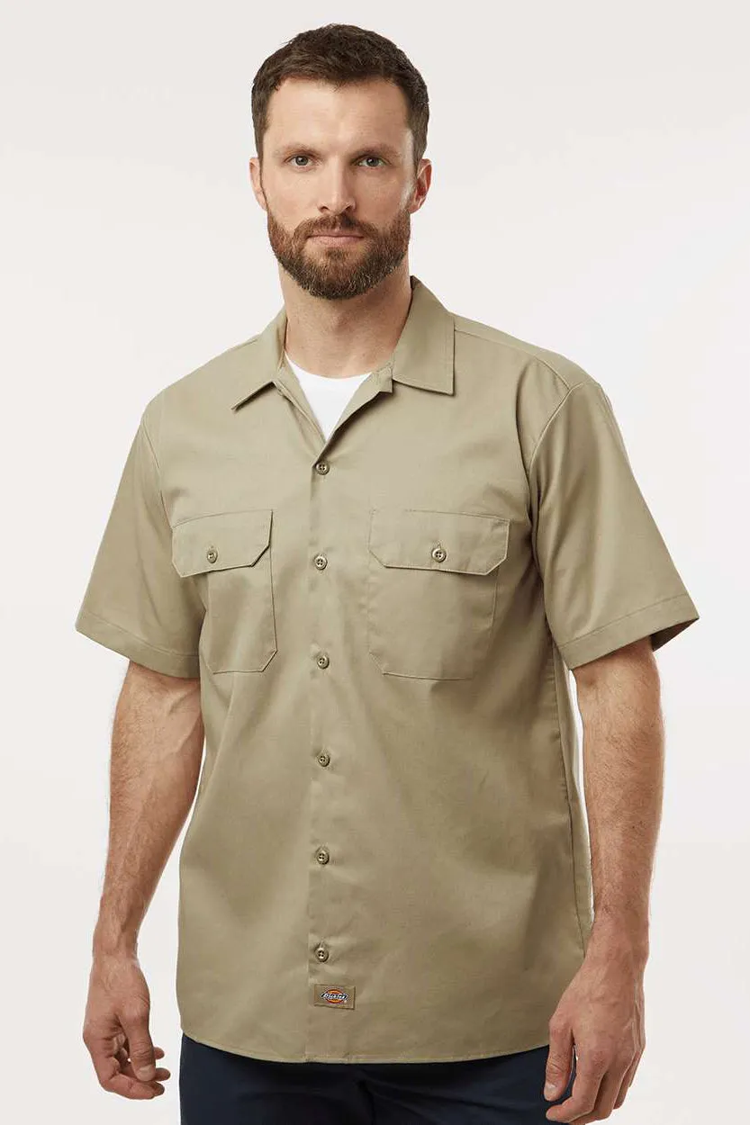 Dickies Mens Moisture Wicking Short Sleeve Button Down Work Shirt w/ Double Pockets - Khaki