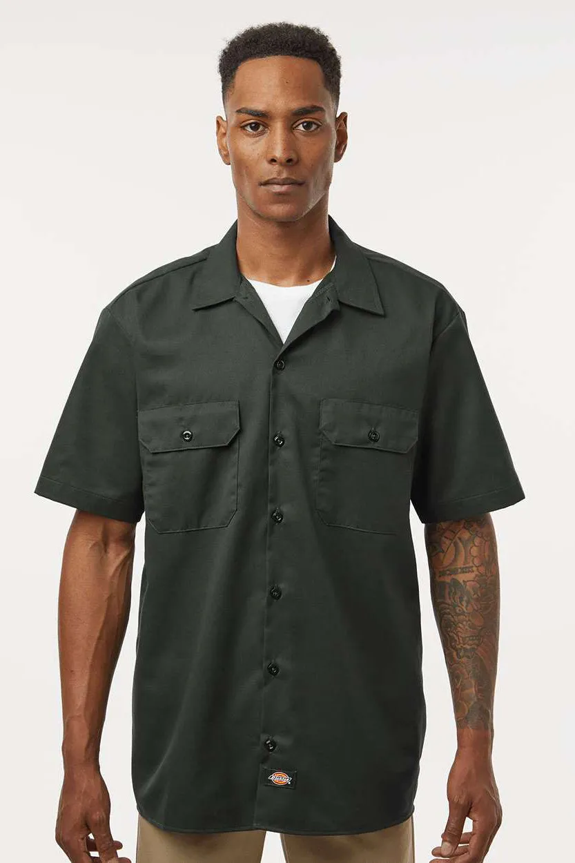 Dickies Mens Moisture Wicking Short Sleeve Button Down Work Shirt w/ Double Pockets - Olive Green