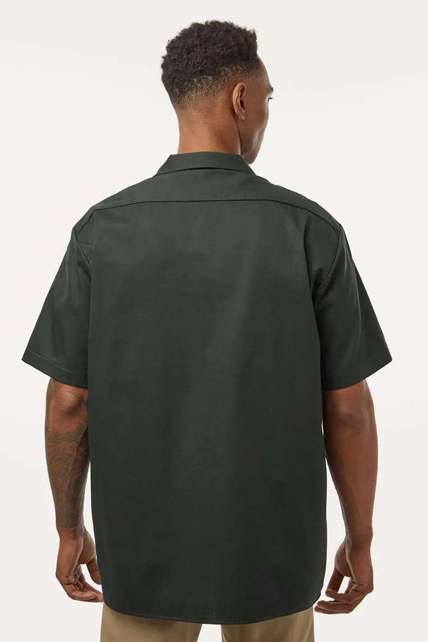 Dickies Mens Moisture Wicking Short Sleeve Button Down Work Shirt w/ Double Pockets - Olive Green