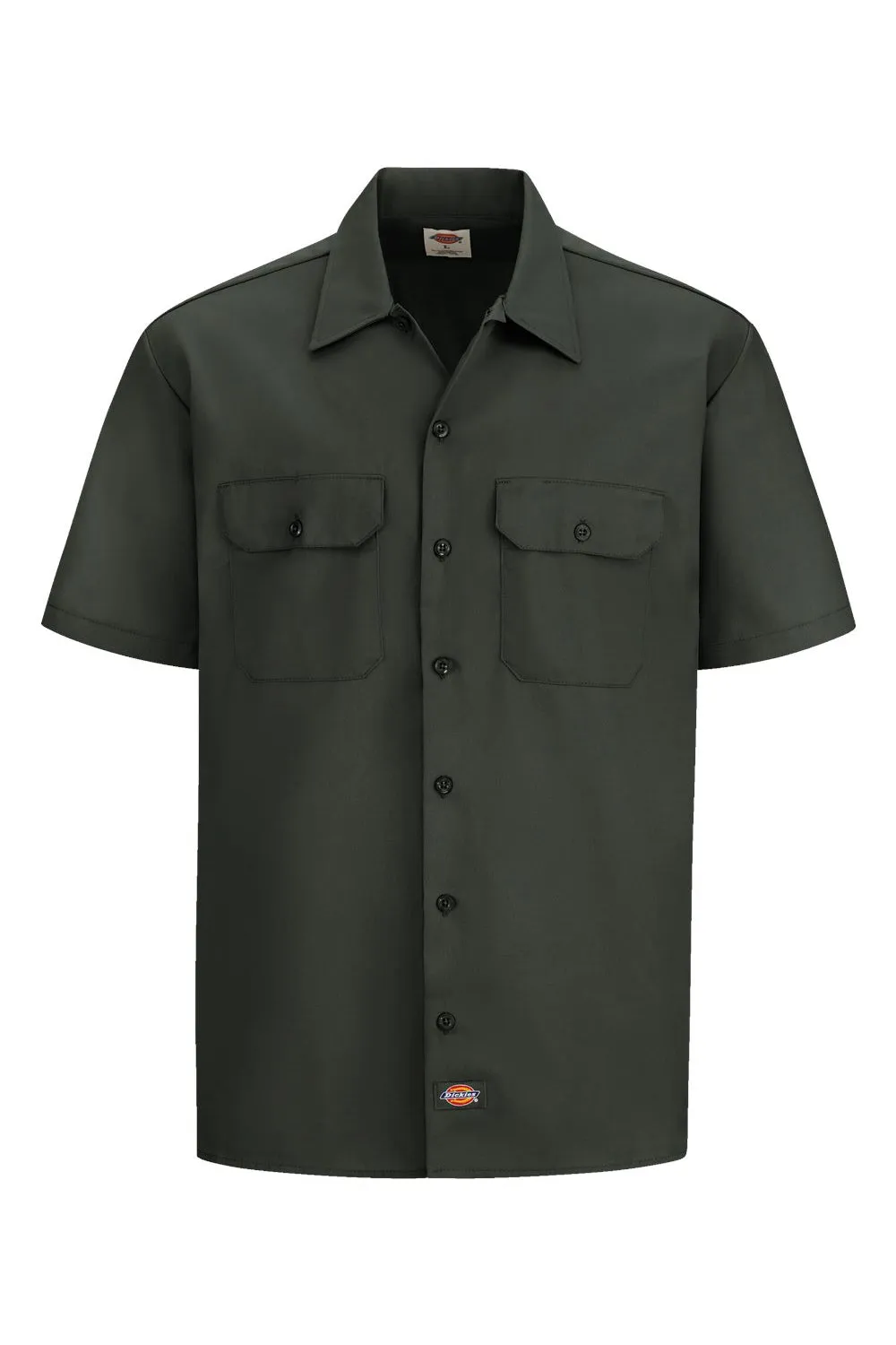 Dickies Mens Moisture Wicking Short Sleeve Button Down Work Shirt w/ Double Pockets - Olive Green