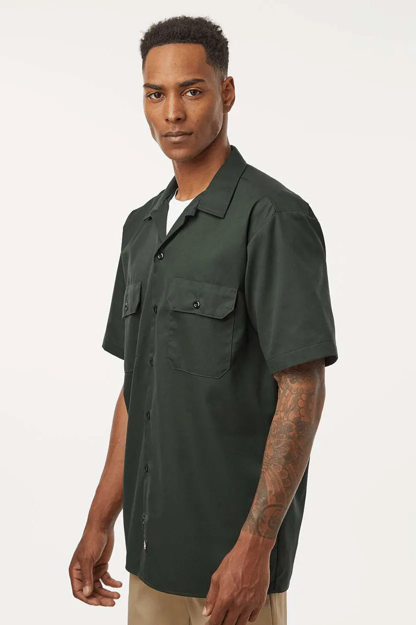 Dickies Mens Moisture Wicking Short Sleeve Button Down Work Shirt w/ Double Pockets - Olive Green