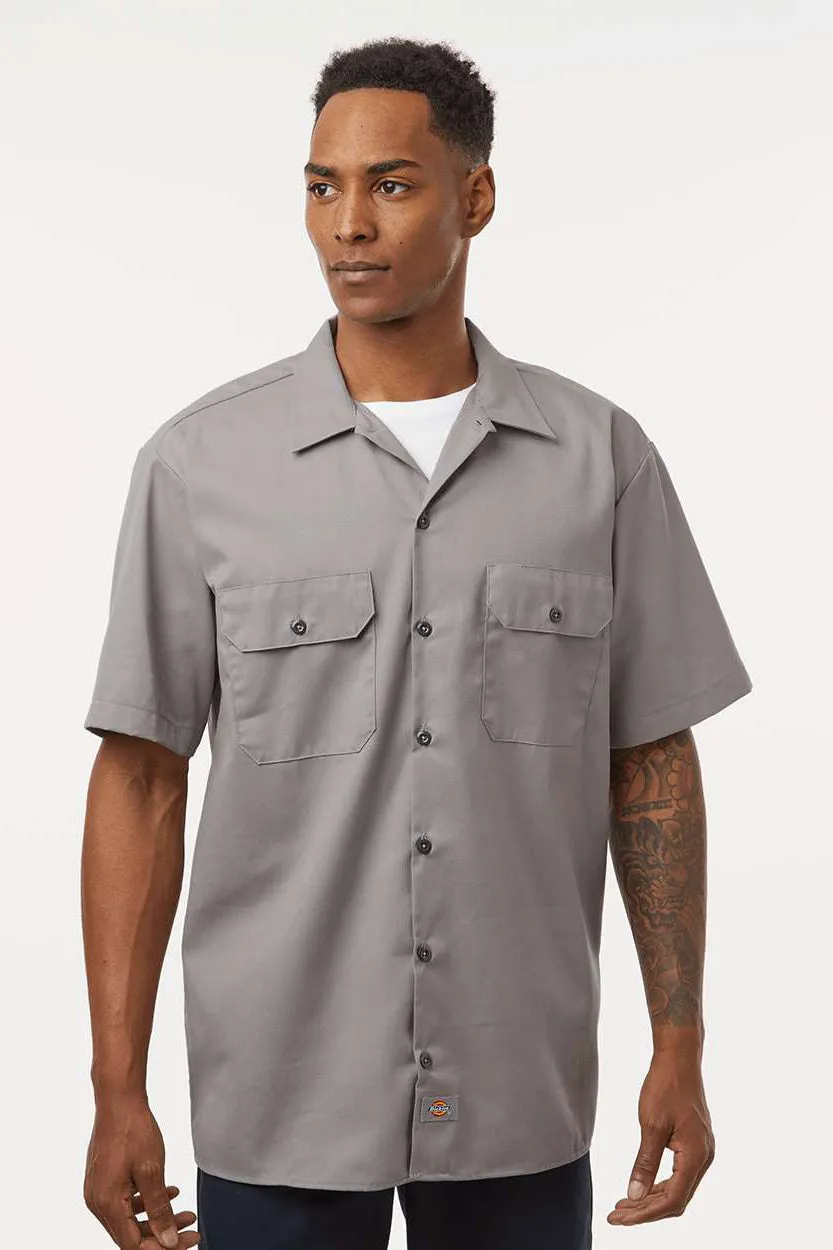 Dickies Mens Moisture Wicking Short Sleeve Button Down Work Shirt w/ Double Pockets - Silver Grey