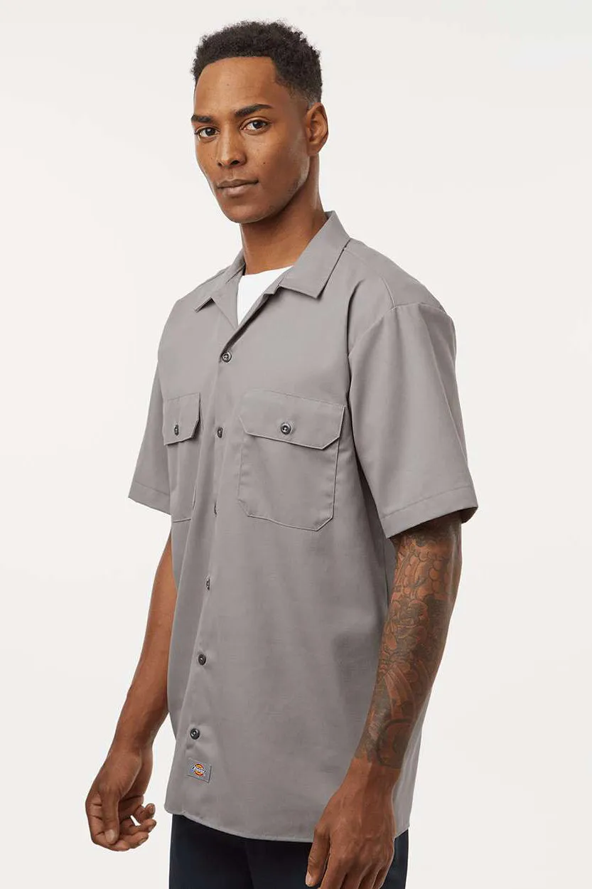 Dickies Mens Moisture Wicking Short Sleeve Button Down Work Shirt w/ Double Pockets - Silver Grey