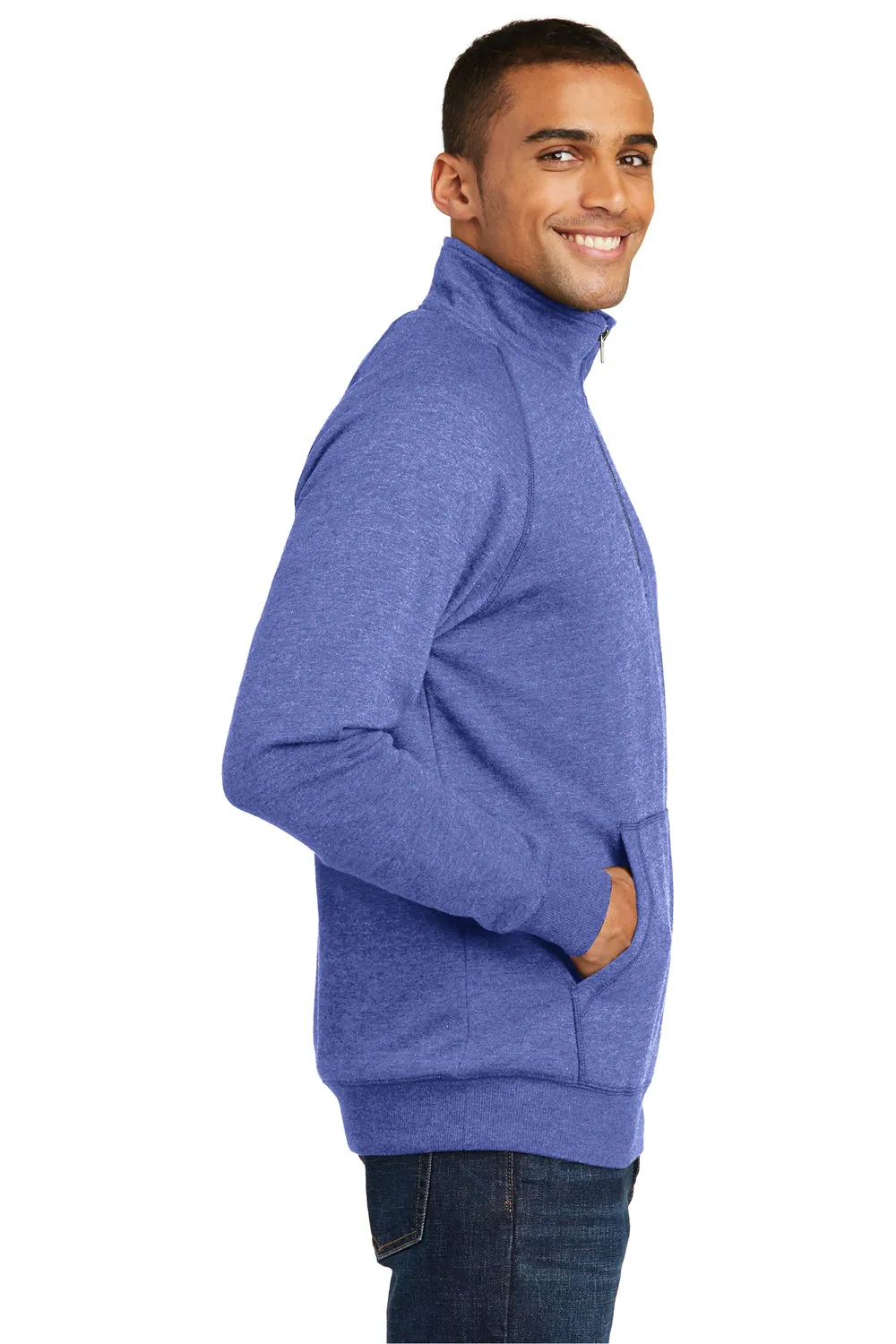 District Mens Fleece 1/4 Zip Sweatshirt w/ Pouch Pocket - Heather Deep Royal Blue