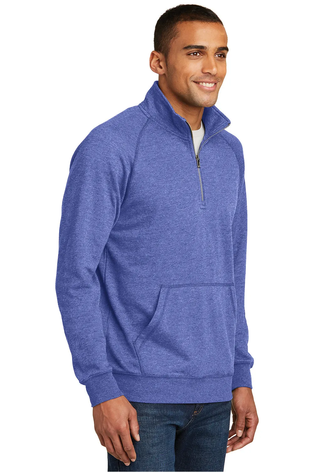 District Mens Fleece 1/4 Zip Sweatshirt w/ Pouch Pocket - Heather Deep Royal Blue