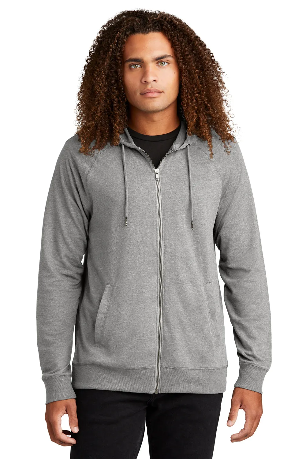 District Mens French Terry Full Zip Hooded Sweatshirt Hoodie w/ Pockets - Heather Light Grey