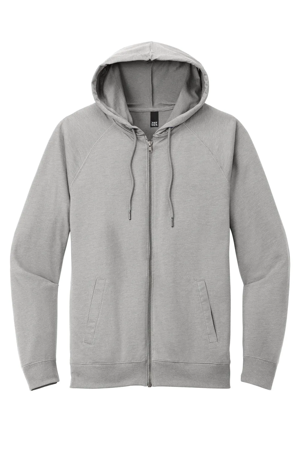 District Mens French Terry Full Zip Hooded Sweatshirt Hoodie w/ Pockets - Heather Light Grey