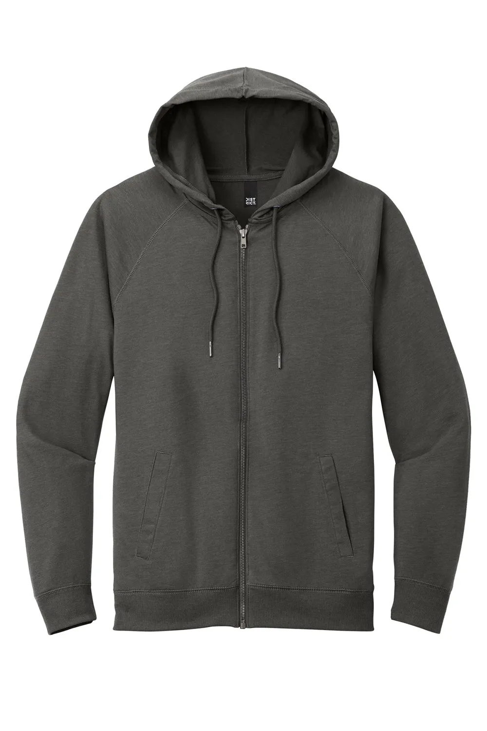 District Mens French Terry Full Zip Hooded Sweatshirt Hoodie w/ Pockets - Washed Coal Grey