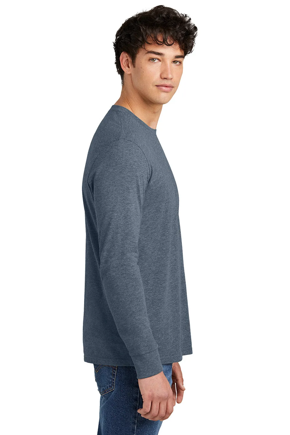 District Mens Perfect Blend CVC Long Sleeve Crewneck T-Shirt - Heather Navy Blue