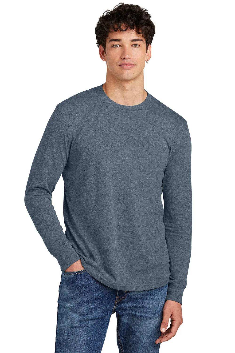 District Mens Perfect Blend CVC Long Sleeve Crewneck T-Shirt - Heather Navy Blue