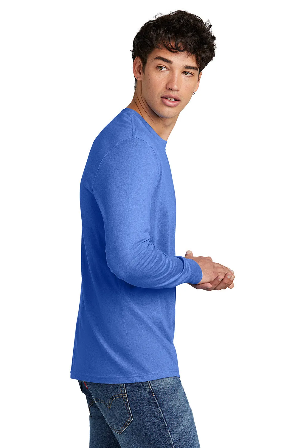 District Mens Perfect Blend CVC Long Sleeve Crewneck T-Shirt - Heather Royal Blue