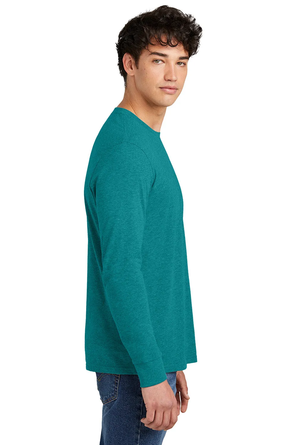 District Mens Perfect Blend CVC Long Sleeve Crewneck T-Shirt - Heather Teal Blue