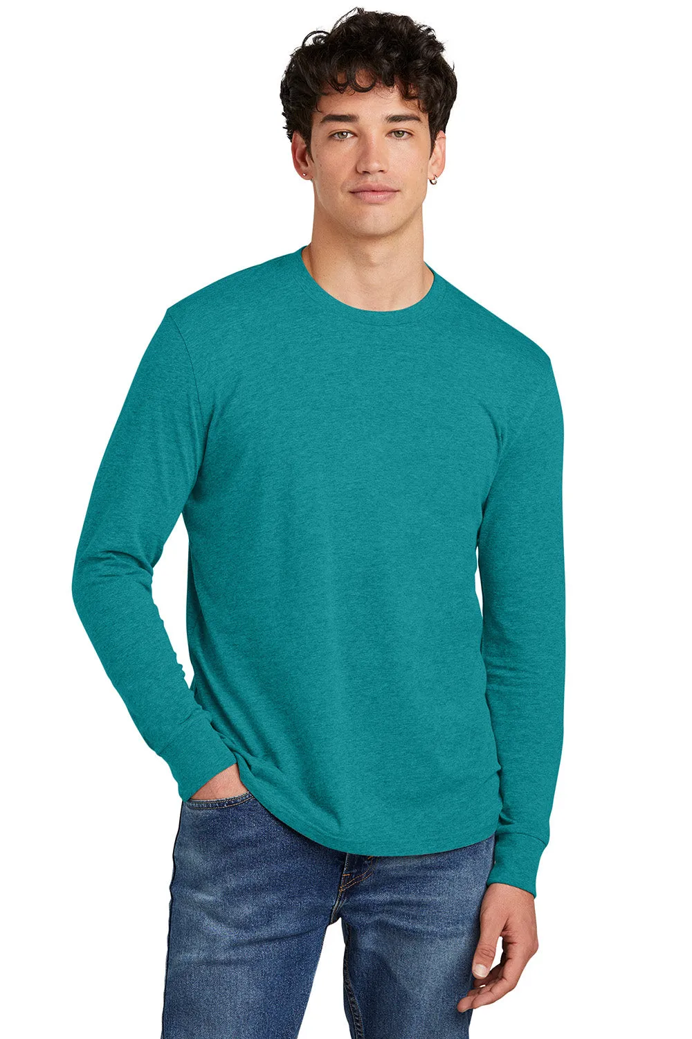 District Mens Perfect Blend CVC Long Sleeve Crewneck T-Shirt - Heather Teal Blue