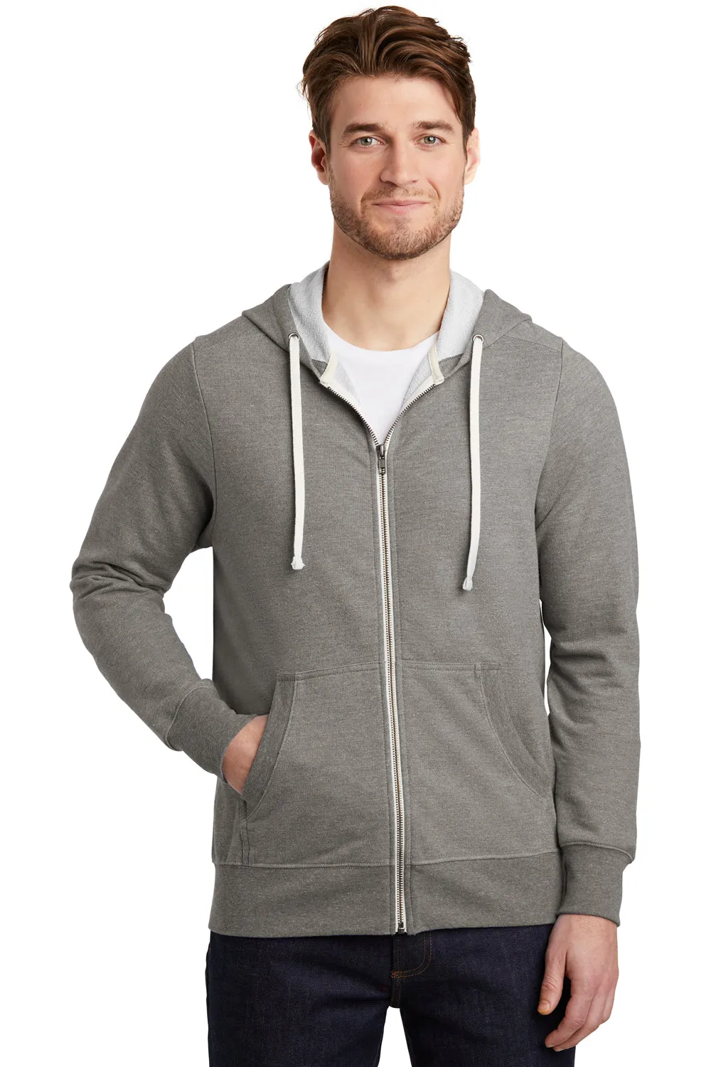 District Mens Perfect French Terry Full Zip Hooded Sweatshirt Hoodie w/ Pockets - Grey Frost - Closeout