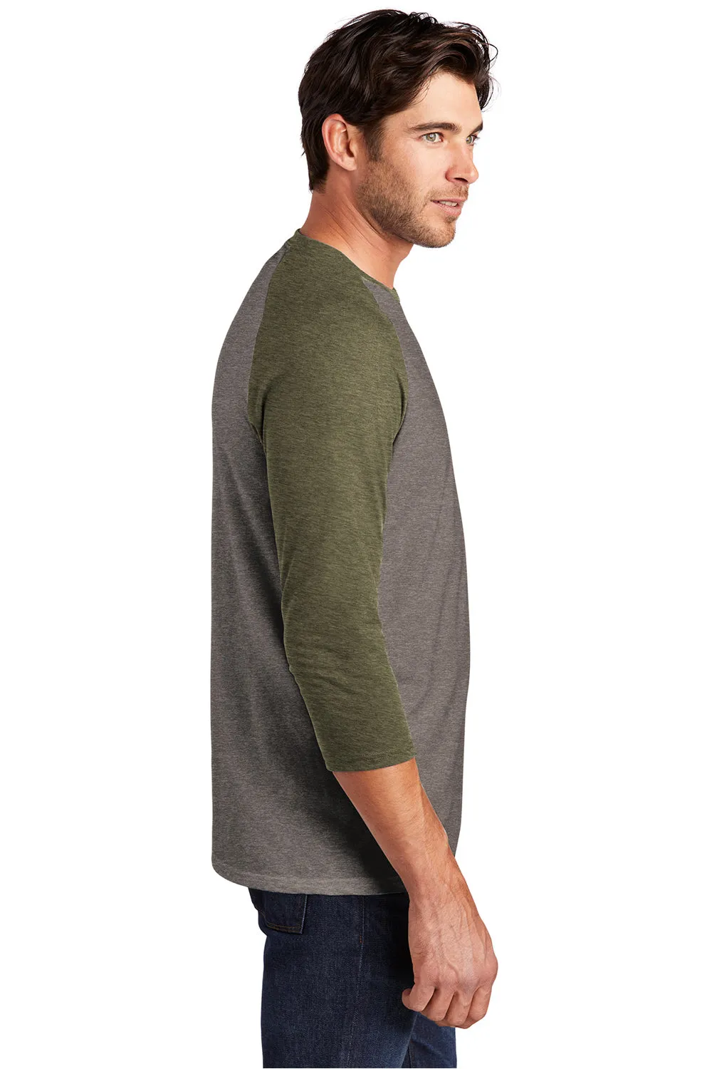 District Mens Perfect Tri 3/4 Sleeve Crewneck T-Shirt - Grey Frost/Military Green Frost
