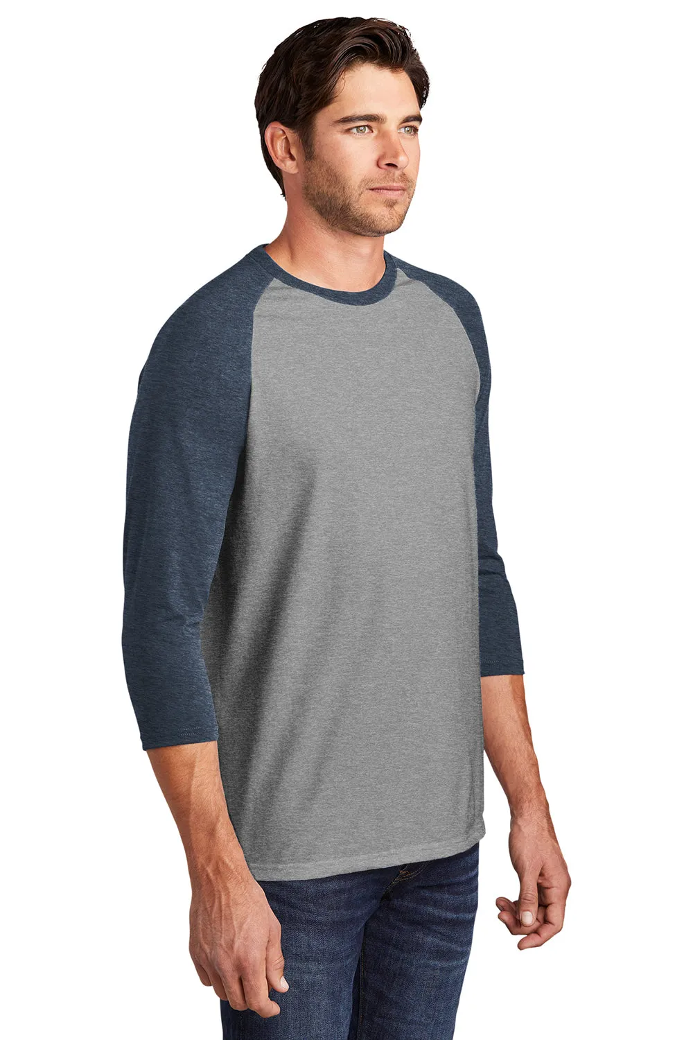 District Mens Perfect Tri 3/4 Sleeve Crewneck T-Shirt - Grey Frost/Navy Blue