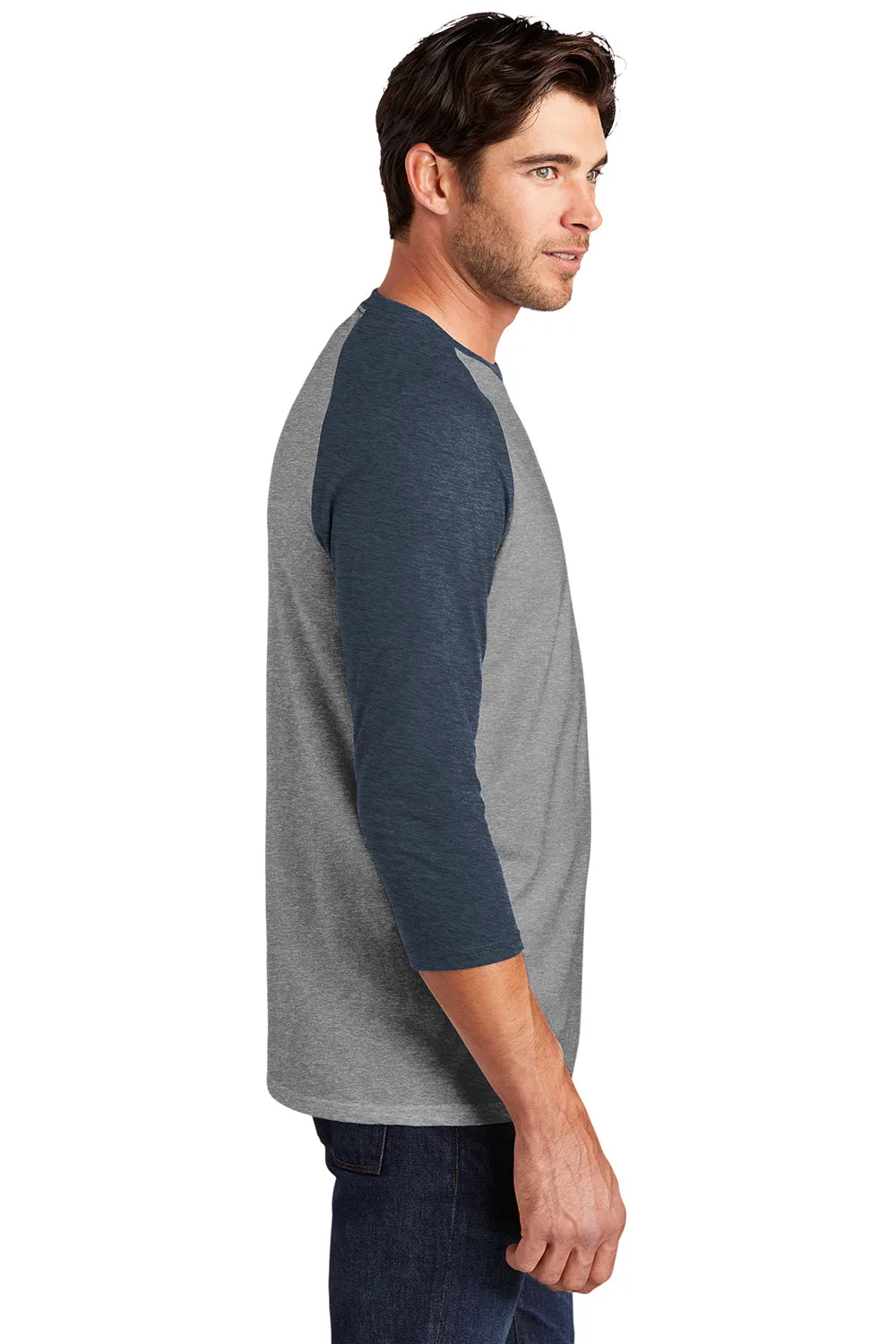 District Mens Perfect Tri 3/4 Sleeve Crewneck T-Shirt - Grey Frost/Navy Blue