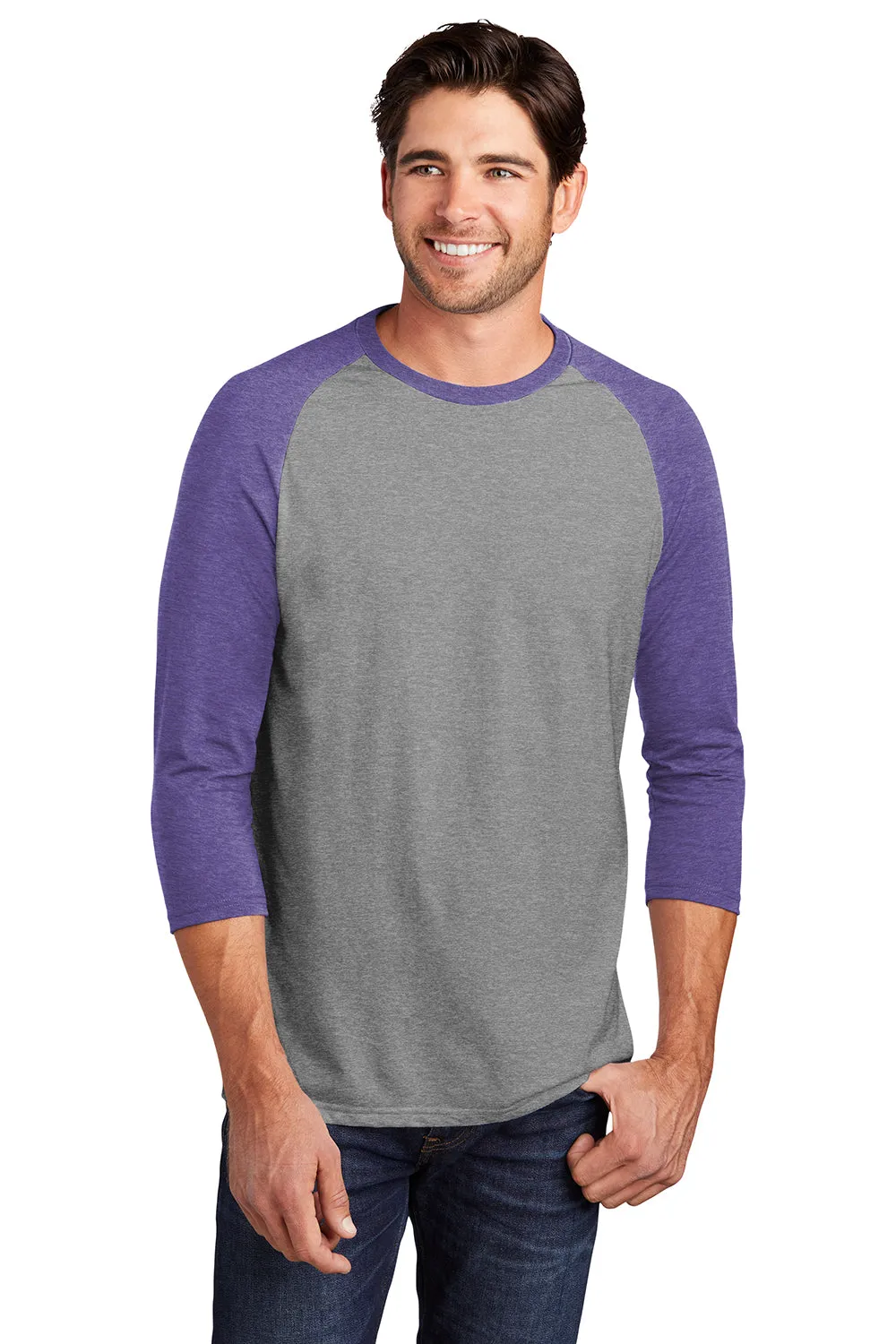 District Mens Perfect Tri 3/4 Sleeve Crewneck T-Shirt - Grey Frost/Purple