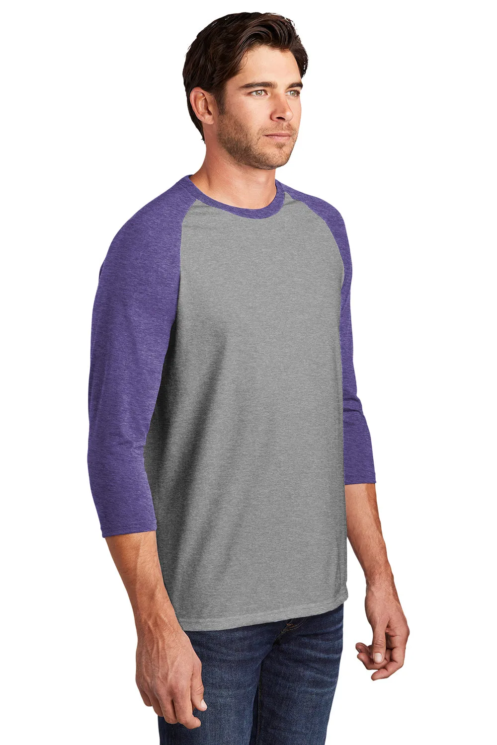 District Mens Perfect Tri 3/4 Sleeve Crewneck T-Shirt - Grey Frost/Purple