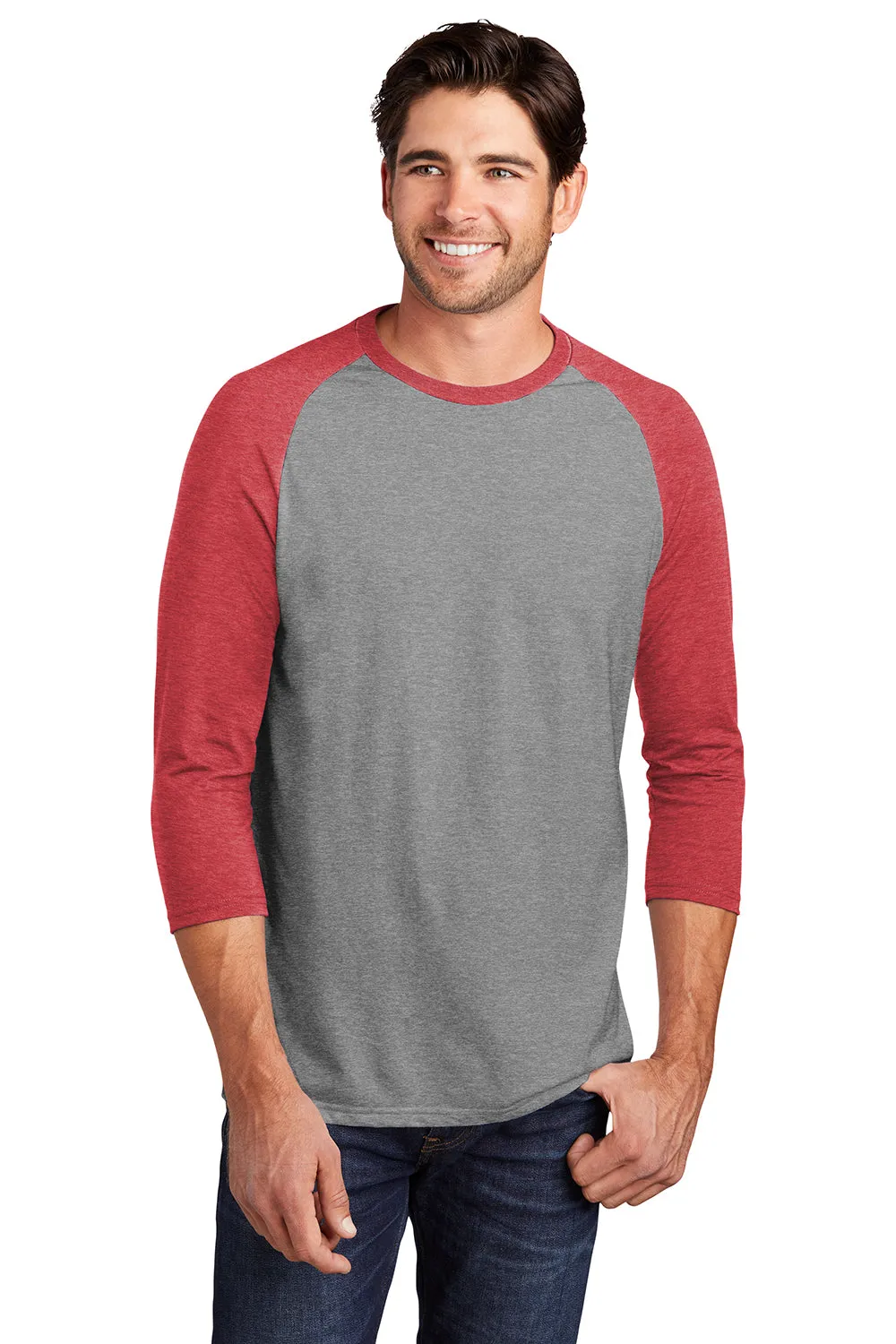 District Mens Perfect Tri 3/4 Sleeve Crewneck T-Shirt - Grey Frost/Red